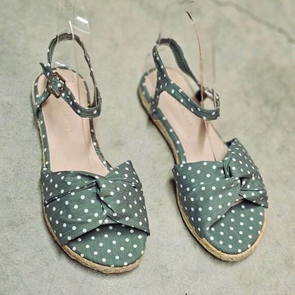 Shoes - Polka Dot Espadrille Flat Sandals With Knot Detail & Adjustable Ankle Strap